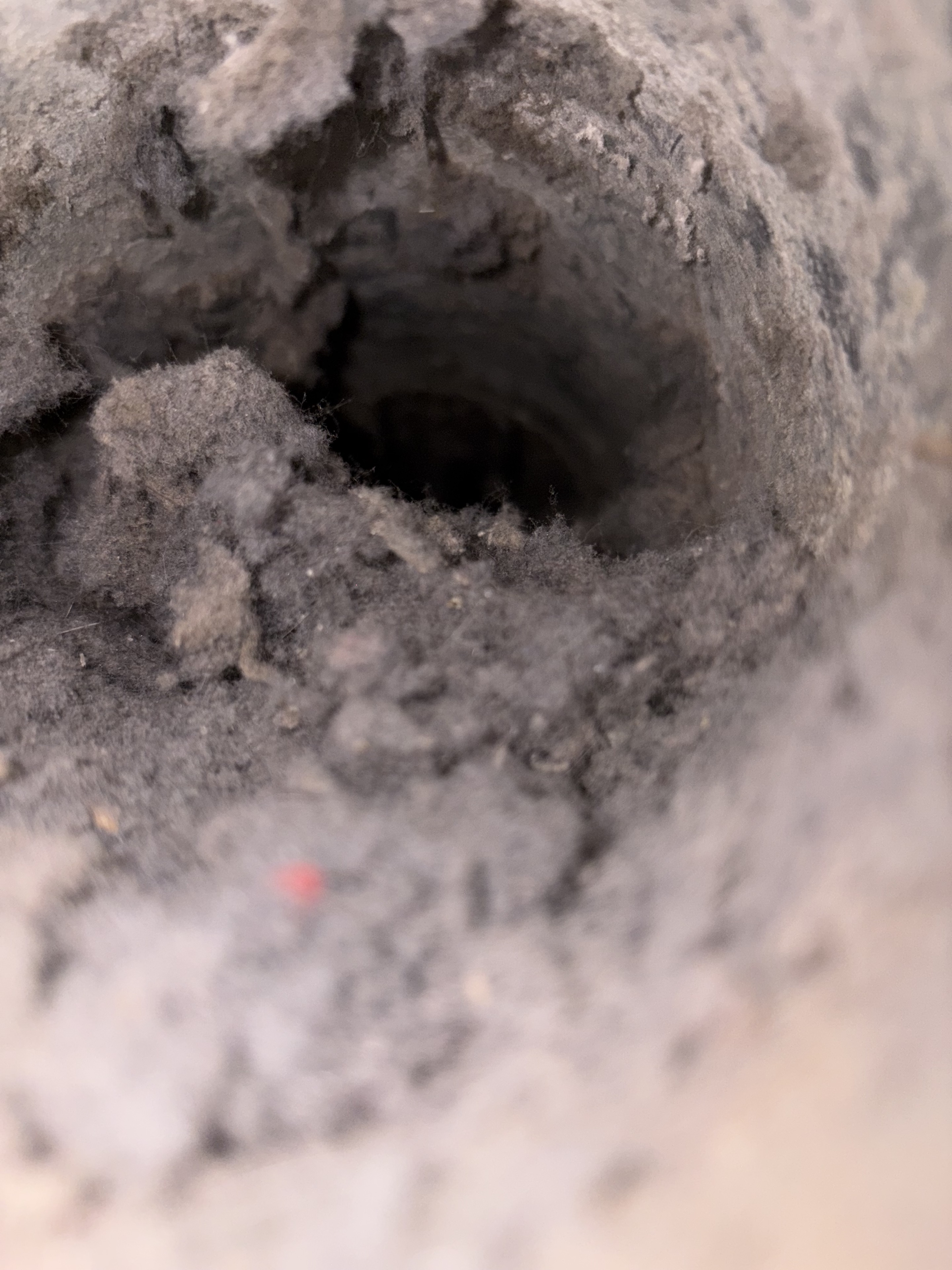 Lint-clogged dryer vent duct before cleaning