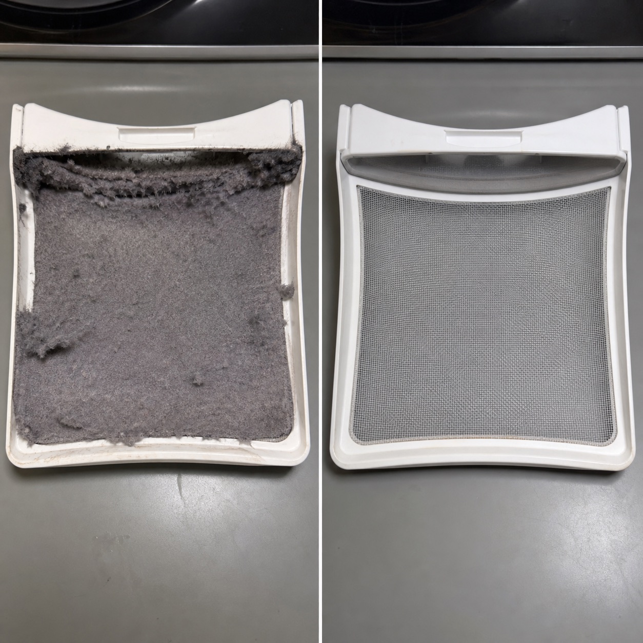 Dryer lint screen with lint buildup before cleaning